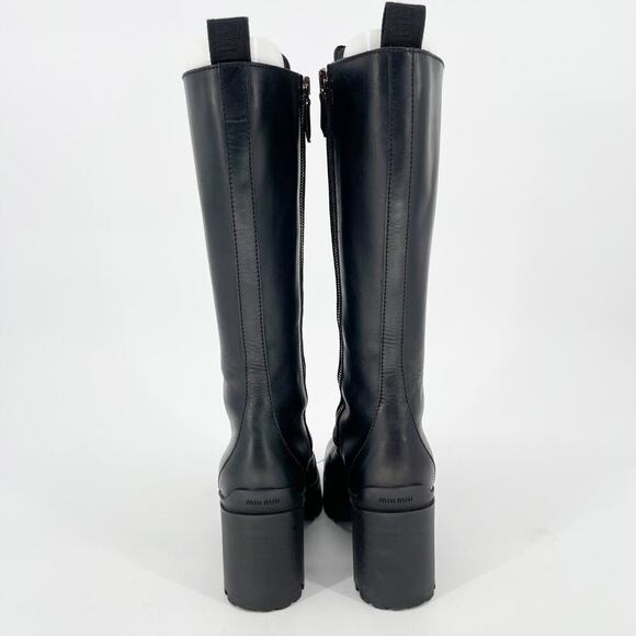 Miu Miu Black Military Combat Square Toe Chunky Block Heel Lug Sole Boot IT 37.5 - Picture 7 of 13